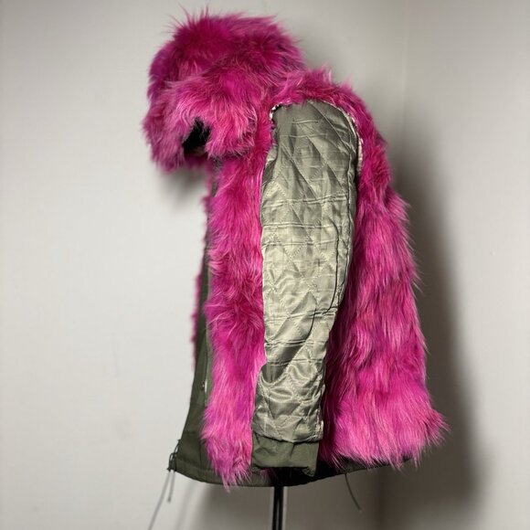 NWOT $600 PARKA PATCHED‎ HOODED Real Fur Removable Lining KHAKI COAT Sz Kid 12 - Picture 9 of 16